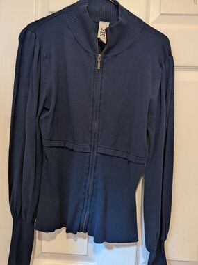 Marc Bouwer Navy Zip-Front Ribbed Knit Jacket